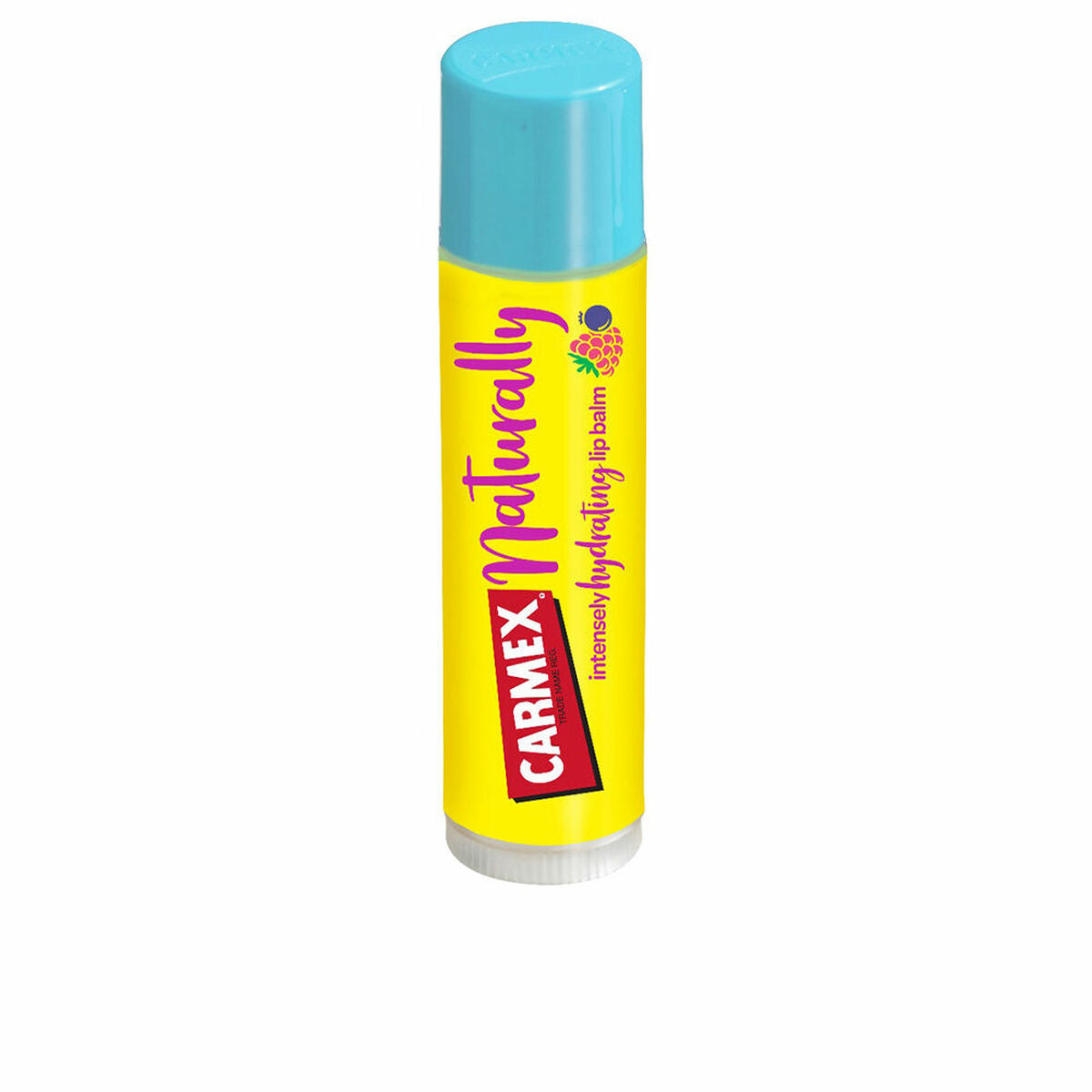 Carmex Naturally intensely hydrating lip balm with yellow and blue packaging for healthy lips.