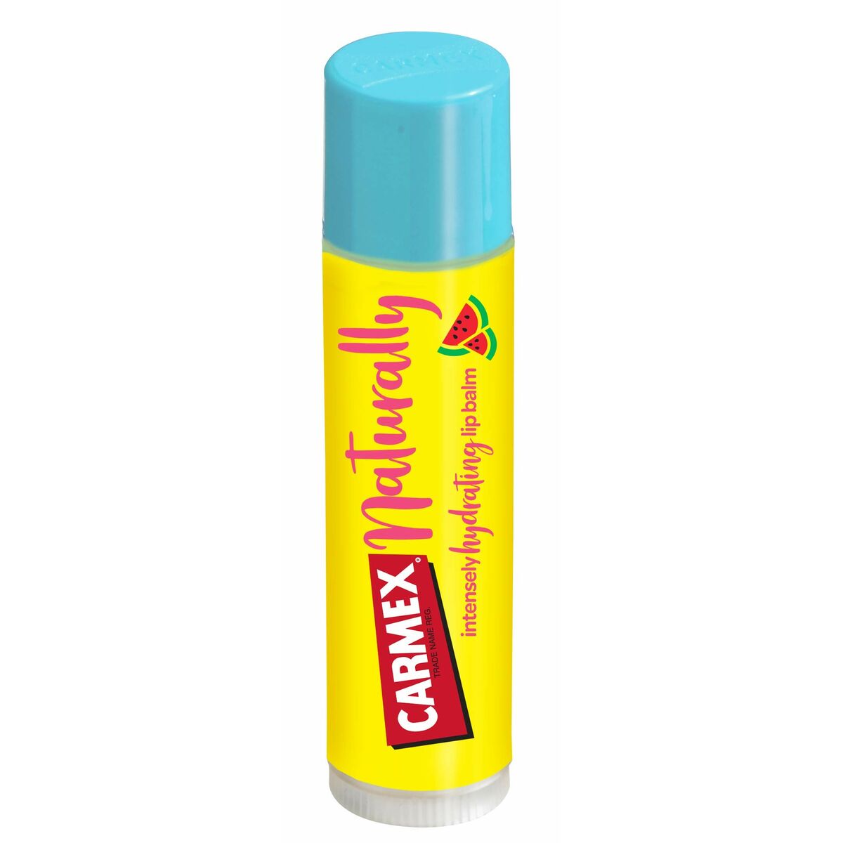 Carmex Naturally Transparent Stick Pastèque, baume à lèvres hydratant avec packaging coloré et note de pastèque.