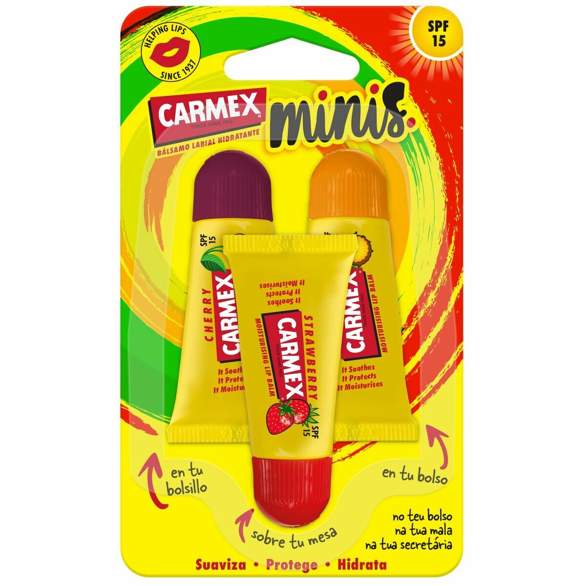 Carmex hydrating lip balm pack with SPF 15 featuring cherry, strawberry, and original flavors, perfect for lip care.