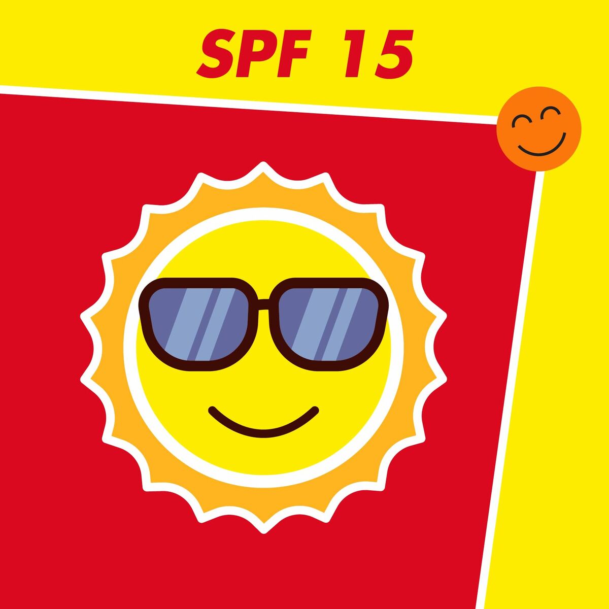 Illustration of a smiling sun wearing sunglasses with SPF 15 text, representing sun protection.