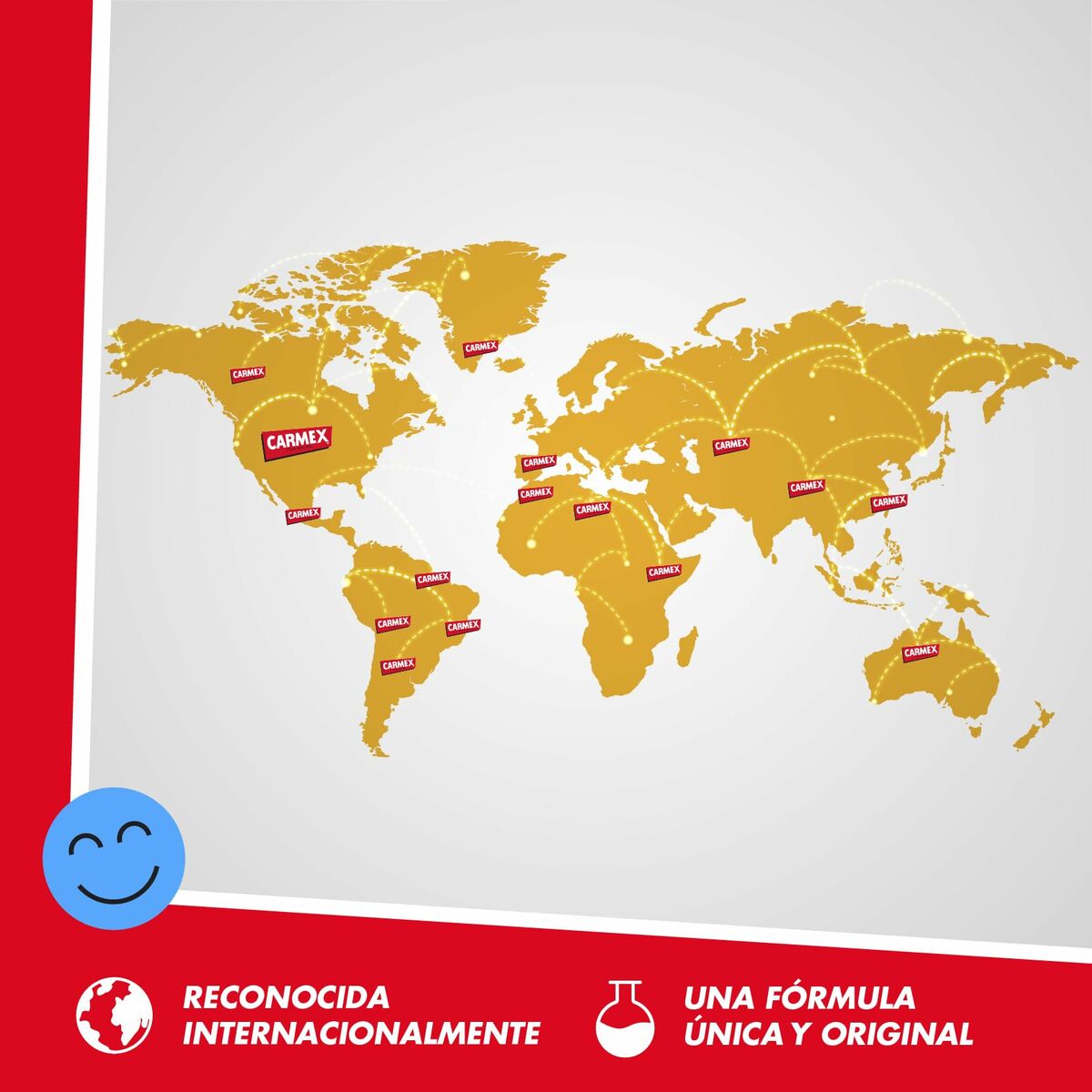 Map showing global presence of Carmex products with key locations highlighted.