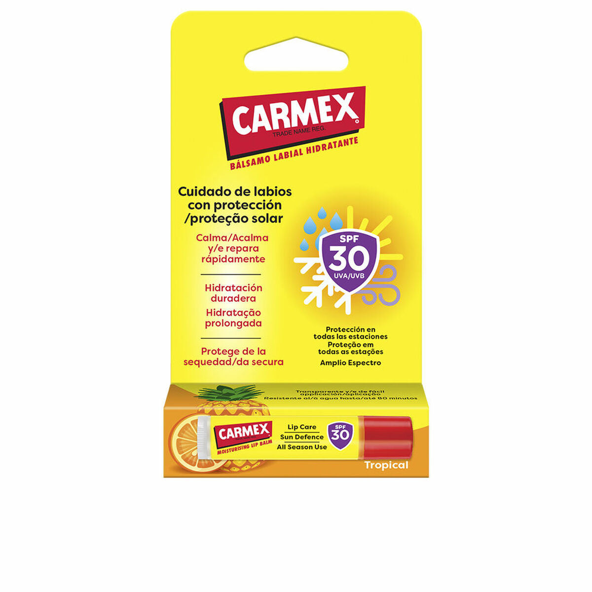 Baume à lèvres Carmex avec protection solaire SPF 30, hydratation durable et soin des lèvres sèches.