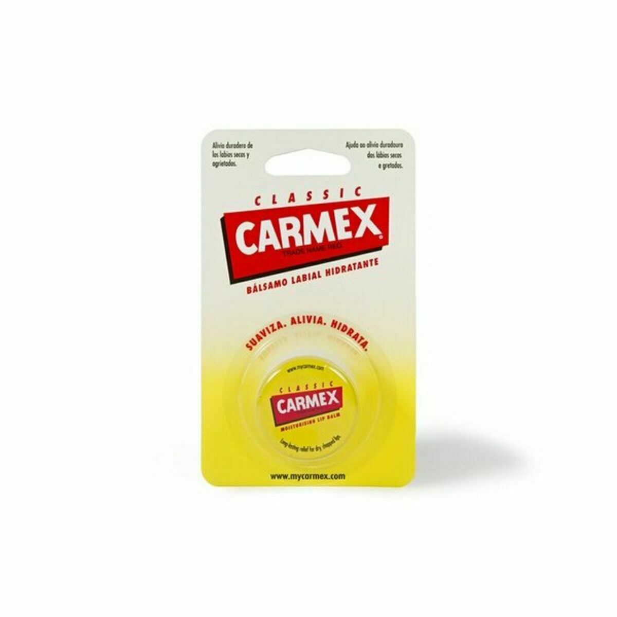 Carmex hydrating lip balm packaging, 8 ml, yellow, moisturizing lip care product.