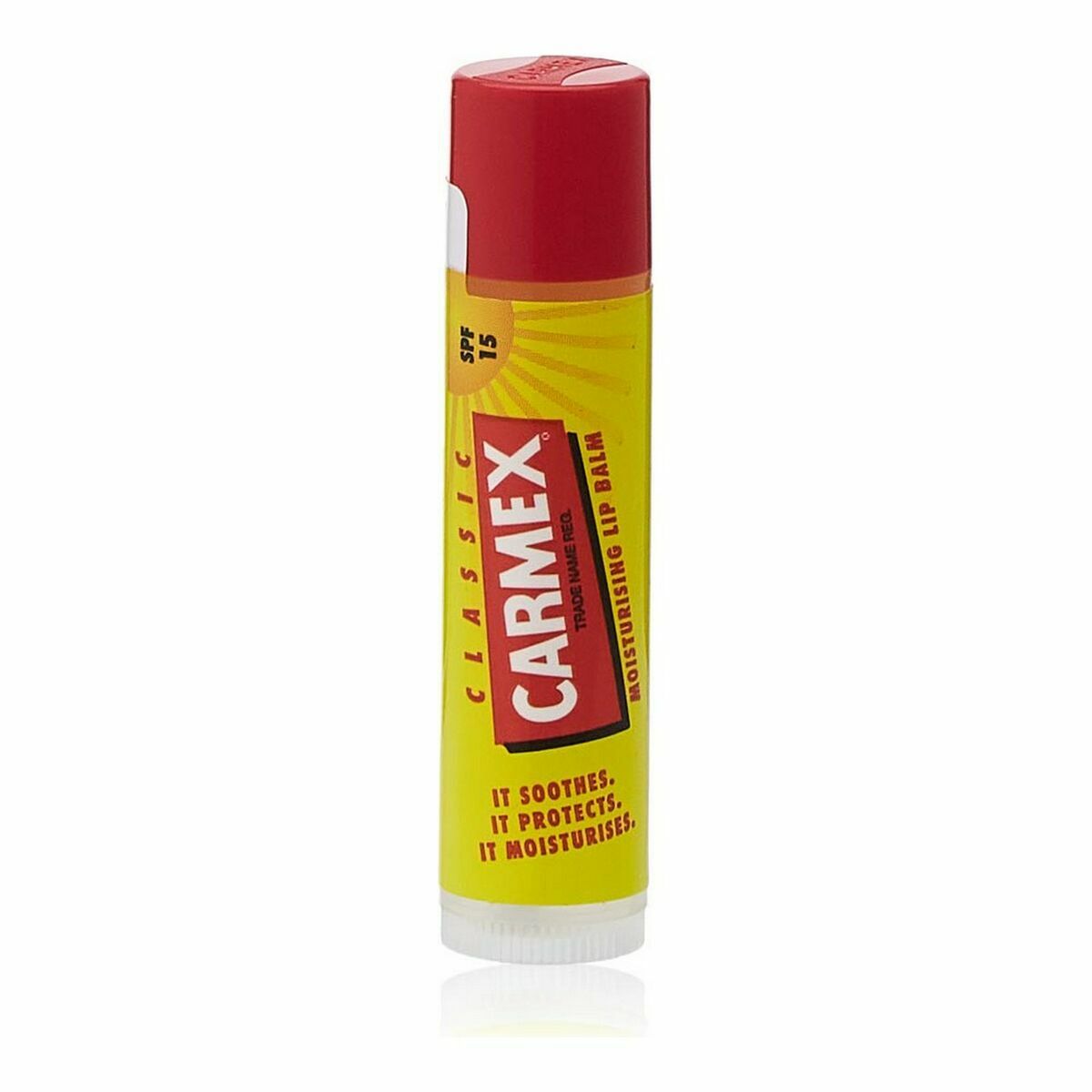 Baume à lèvres hydratant Carmex Classic Jaune Noir SPF 15 Stick en format stick, protecteur et hydratant.