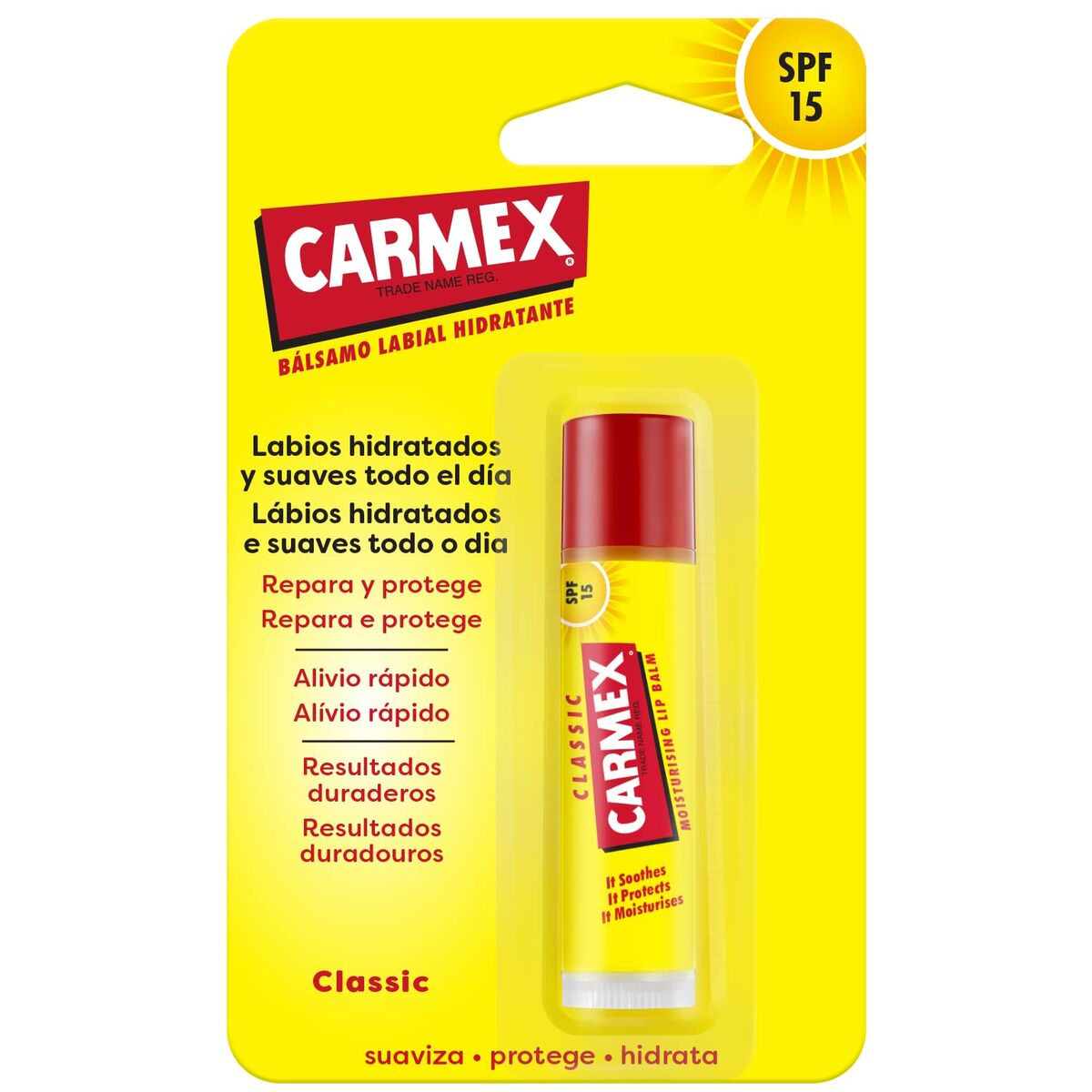 Carmex Classic Lip Balm Stick SPF 15 with hydrating formula for smooth lips, ideal for daily use.