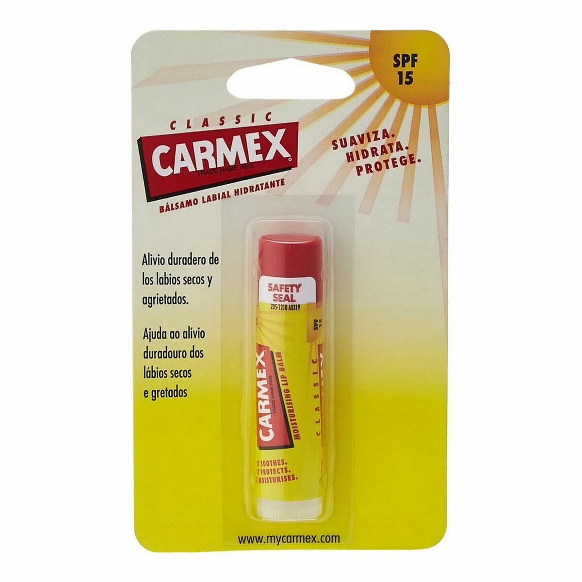 Carmex Classic Lip Balm Stick packaging with SPF 15, designed for dry lips, featuring a safety seal.
