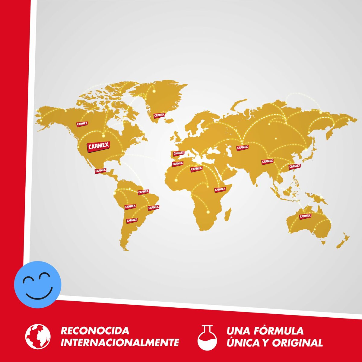Carte du monde avec les marques Carmex représentées, illustrant la portée internationale des produits.