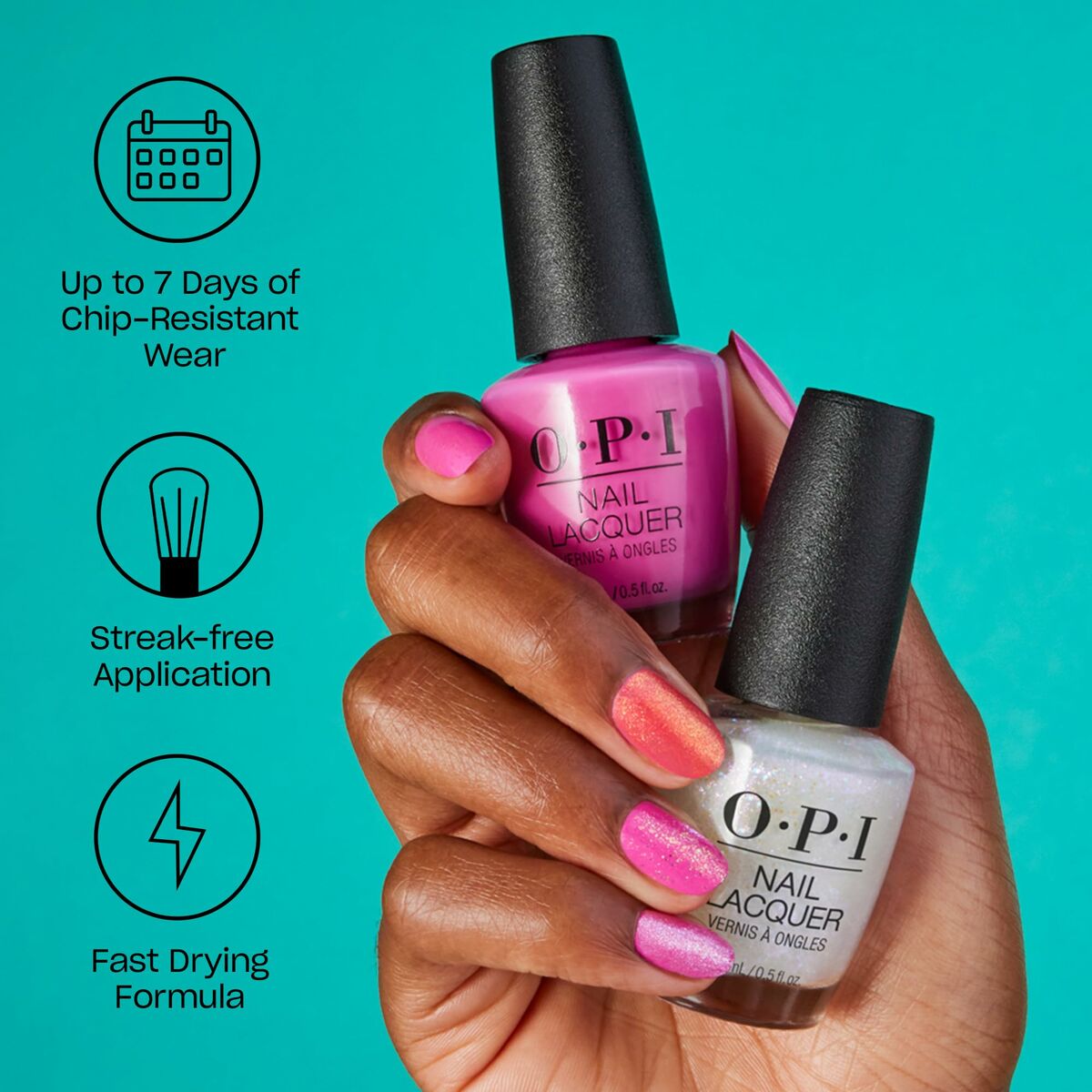 Hand holding OPI Nail Lacquer in pink and silver with icons highlighting chip-resistant wear and fast drying formula.