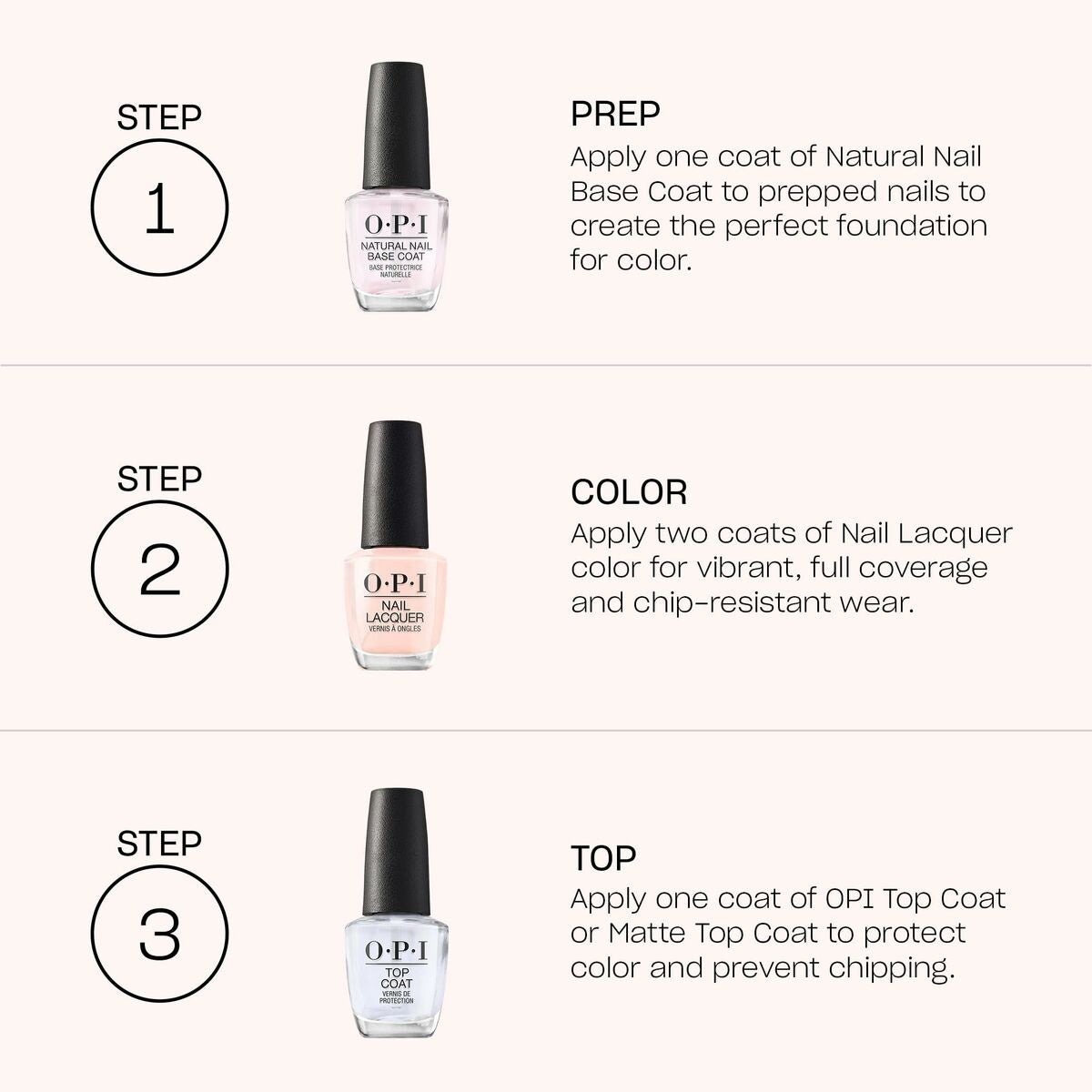 Step-by-step guide for applying OPI Nail Lacquer: Prep, Color, and Top Coat for vibrant nails.