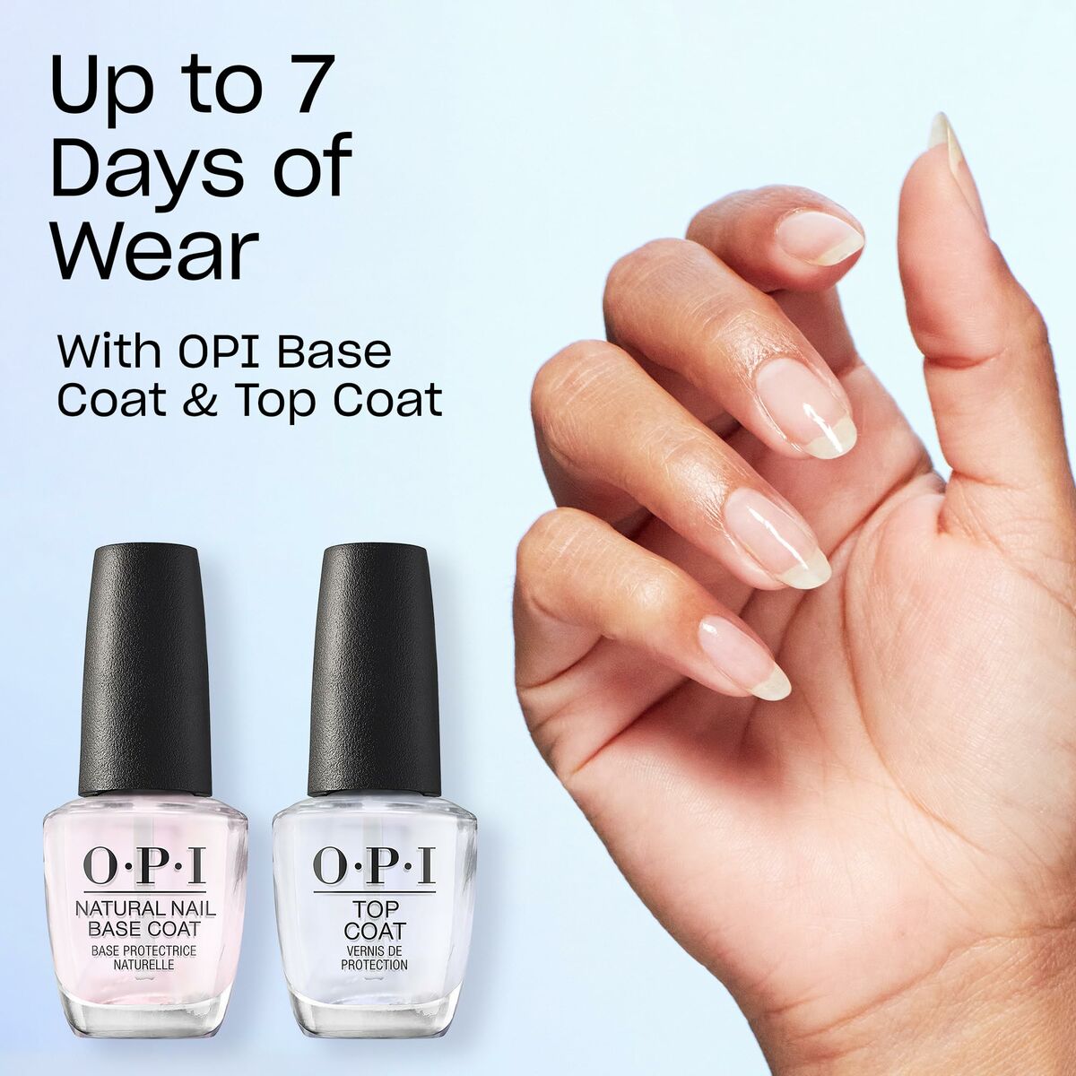 Hand showing neutral nails with OPI natural base coat and top coat for up to 7 days of wear.