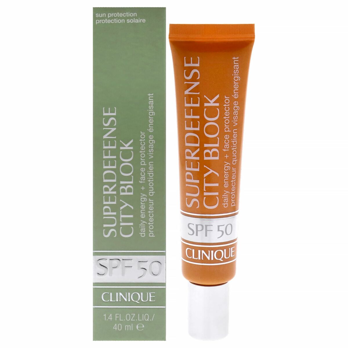 Protector solaire Clinique Superdefense SPF 50 tube de 40 ml avec emballage, soin du visage pour une peau protégée.