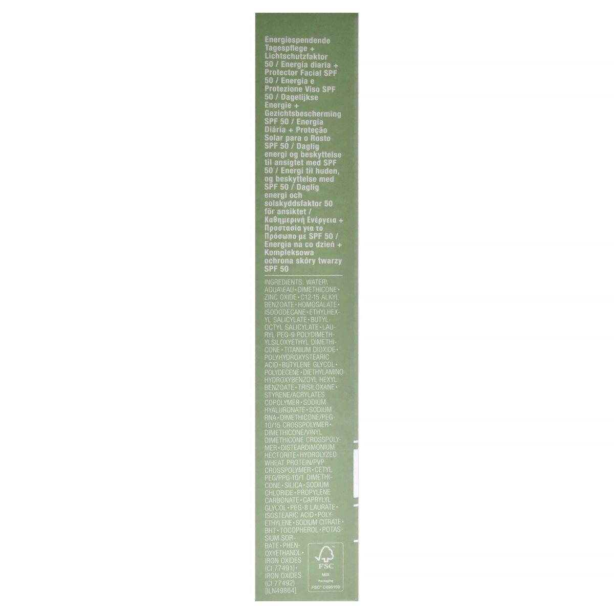 Étiquette du Protecteur Solaire Clinique Superdefense SPF 50, ingrédients et mode d'emploi.