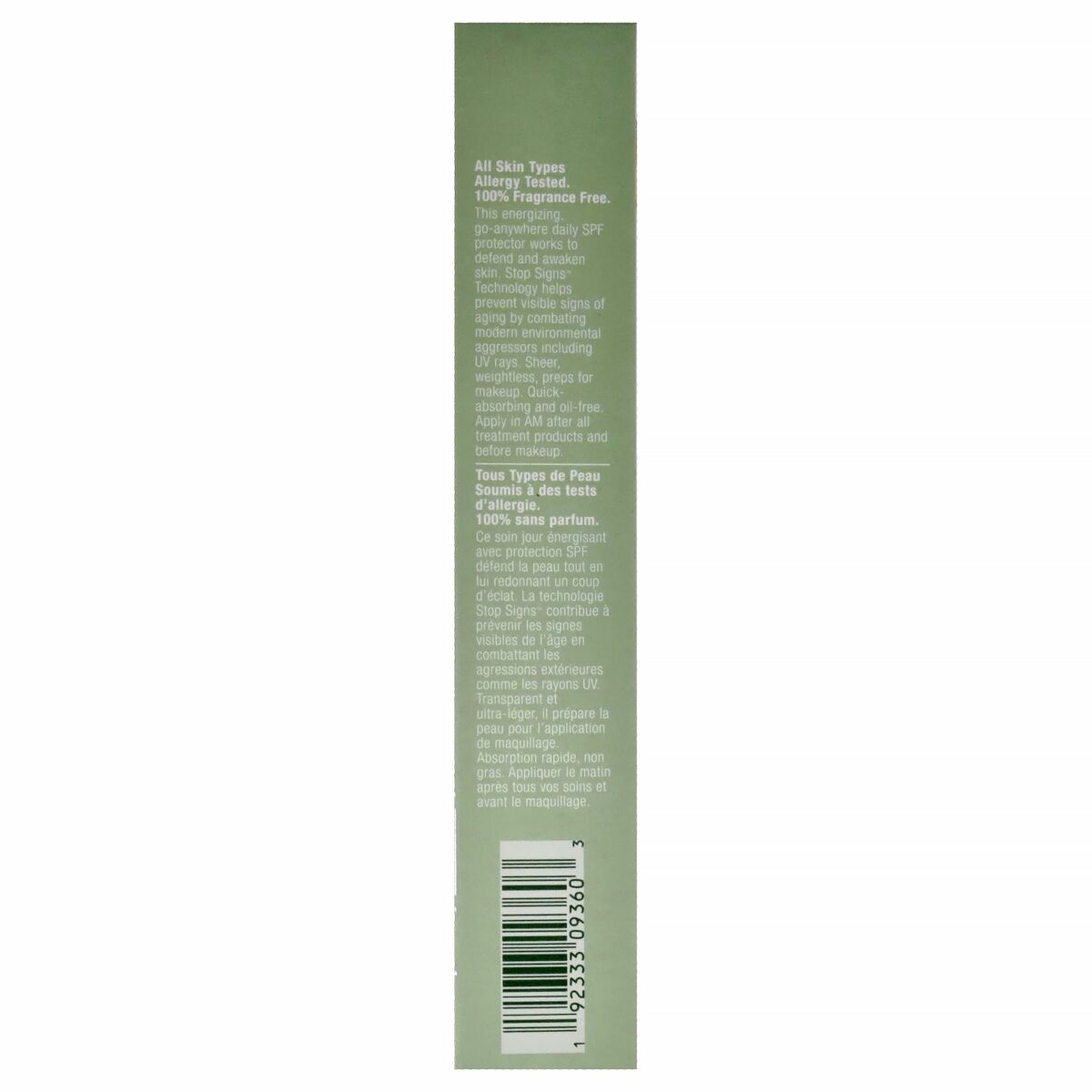 Label of Clinique Superdefense SPF 50 sunscreen, detailing usage and skin type suitability.