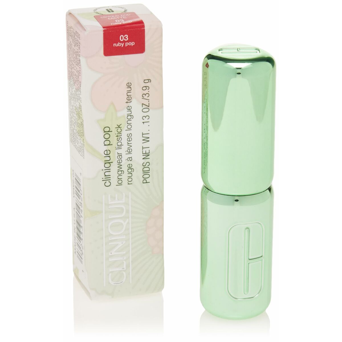 Rouge à lèvres Clinique POP LONGWEAR 3,9 g en teinte Ruby Pop, packaging vert et élégant, idéal pour sublimer votre beauté.