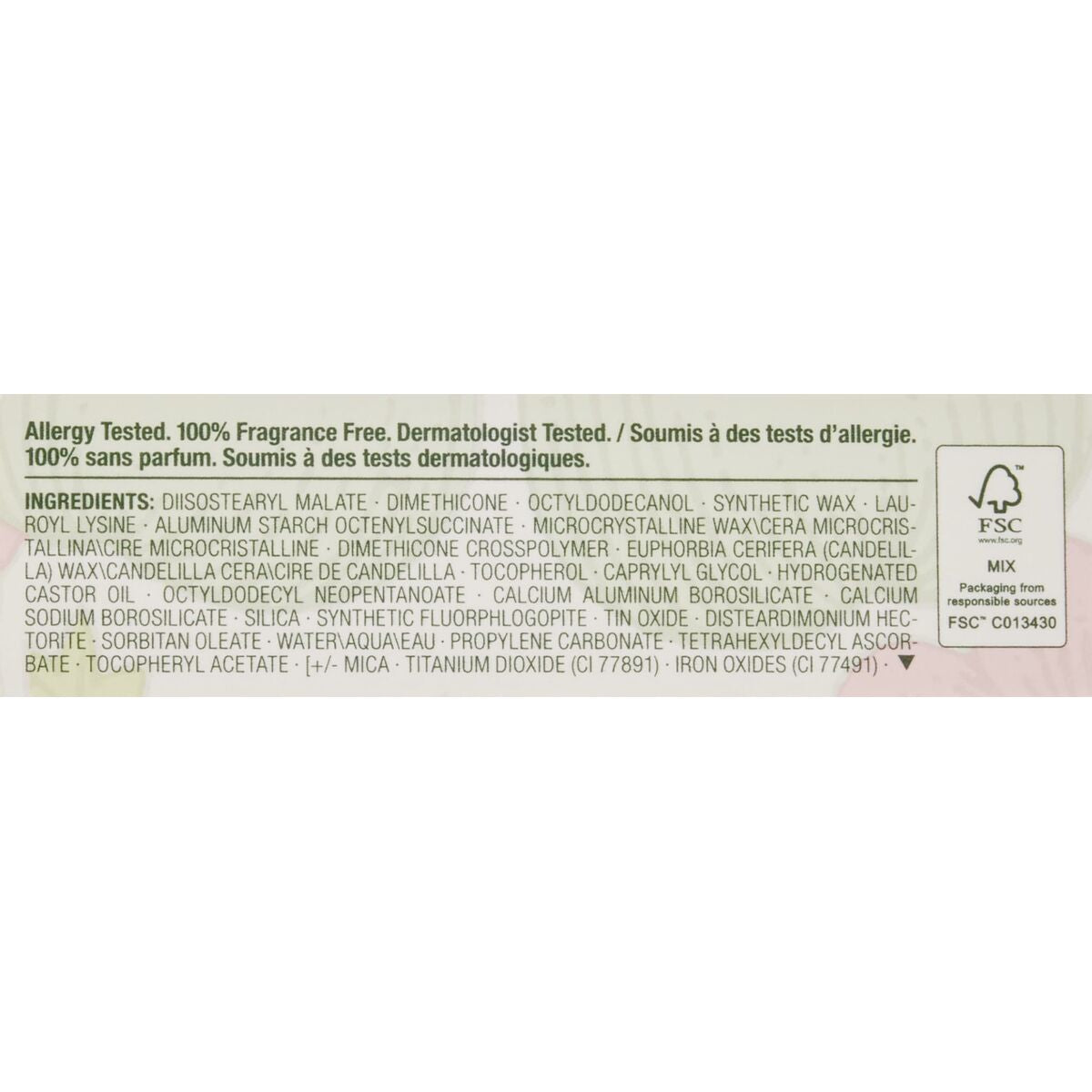 Ingredients list for Clinique POP Longwear lipstick, highlighting allergy tested, fragrance-free, and dermatologist-tested features.