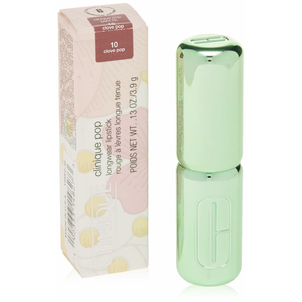 Rouge à lèvres Clinique POP LONGWEAR Clove Pop 3,9 g avec emballage coloré, idéal pour un look séduisant.