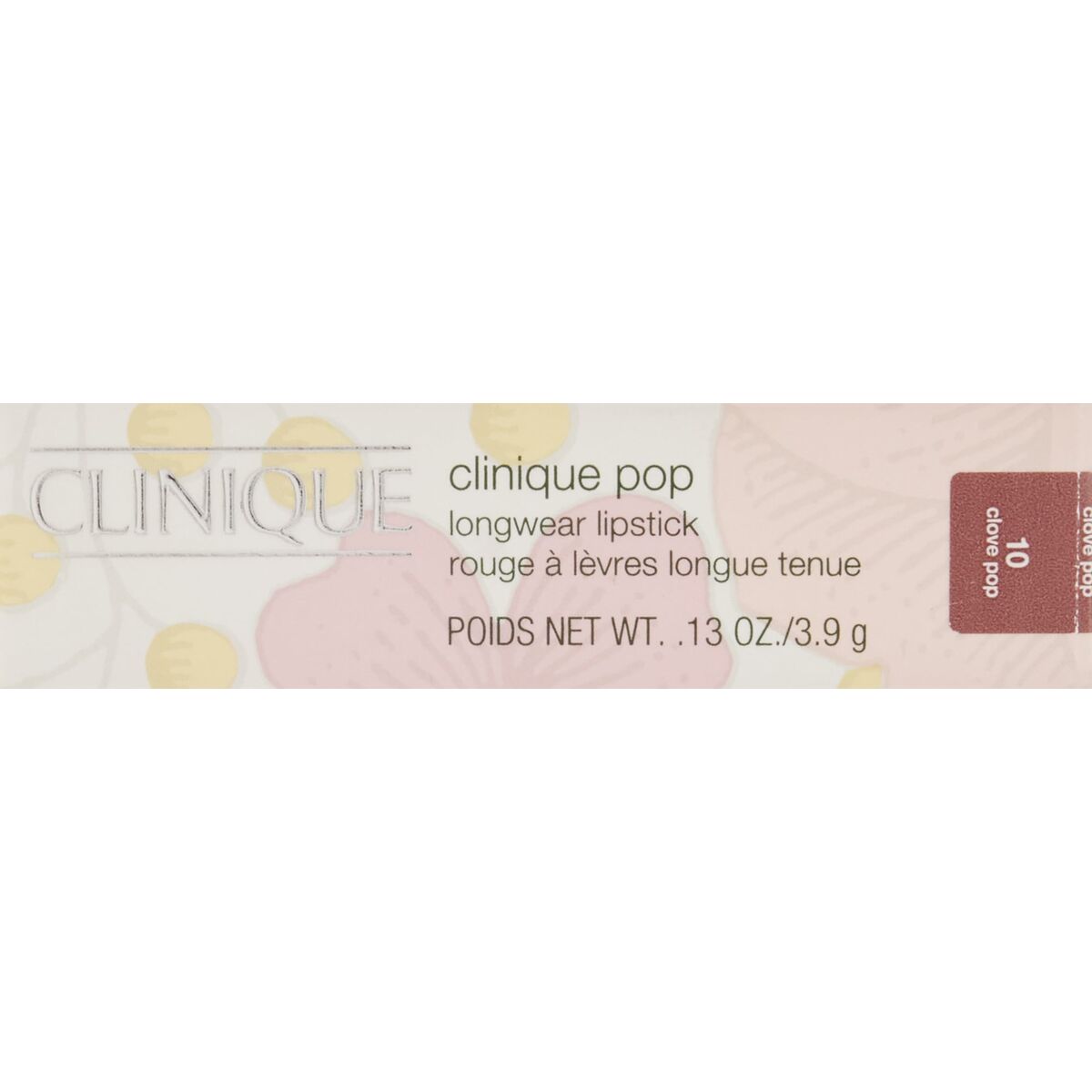 Rouge à lèvres Clinique POP LONGWEAR Clove Pop 3,9 g, emballage avec design floral et texte clair.