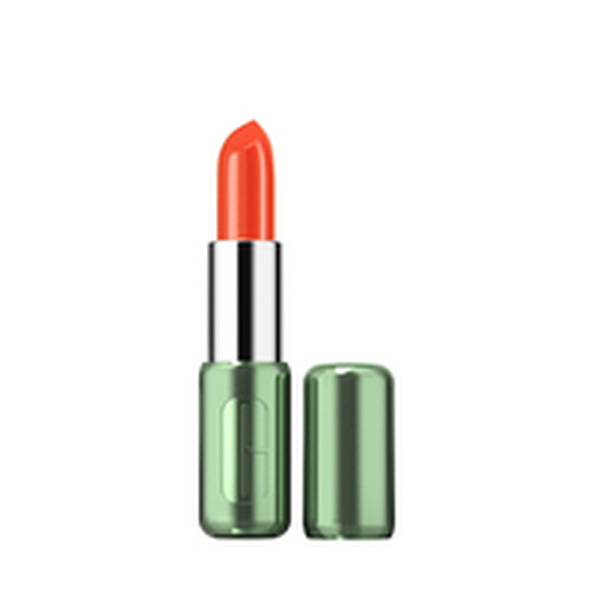 Rouge à lèvres Clinique POP LONGWEAR en teinte orange, 3,9 g, packaging vert élégant et moderne.