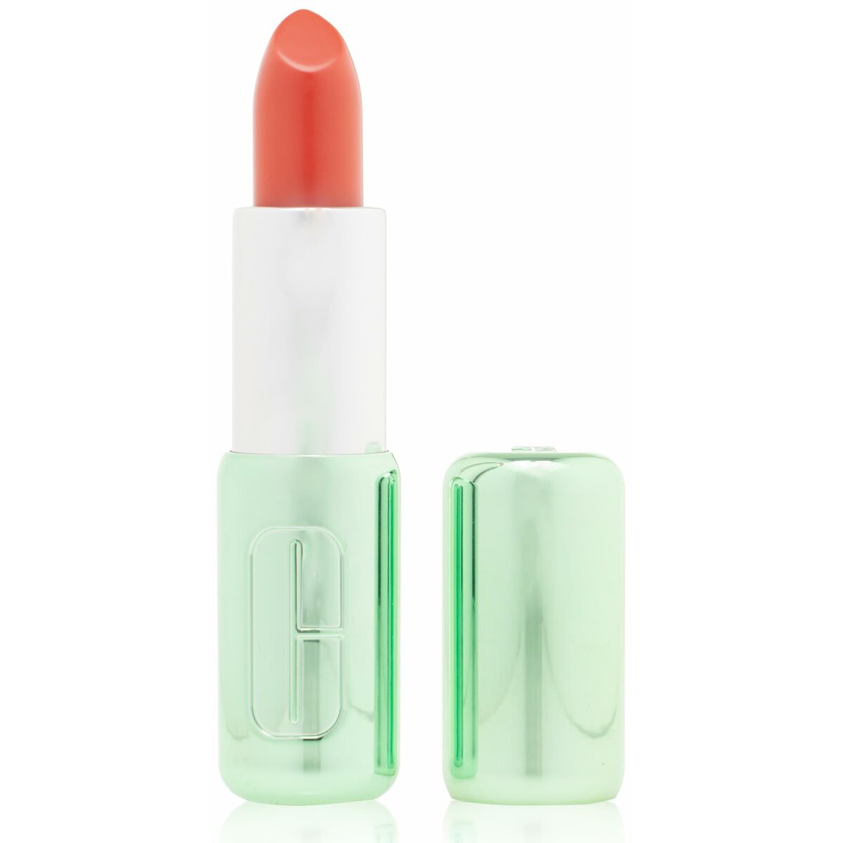 Rouge à lèvres Clinique POP LONGWEAR orange, 3,9 g, packaging vert et tube de rouge à lèvres.
