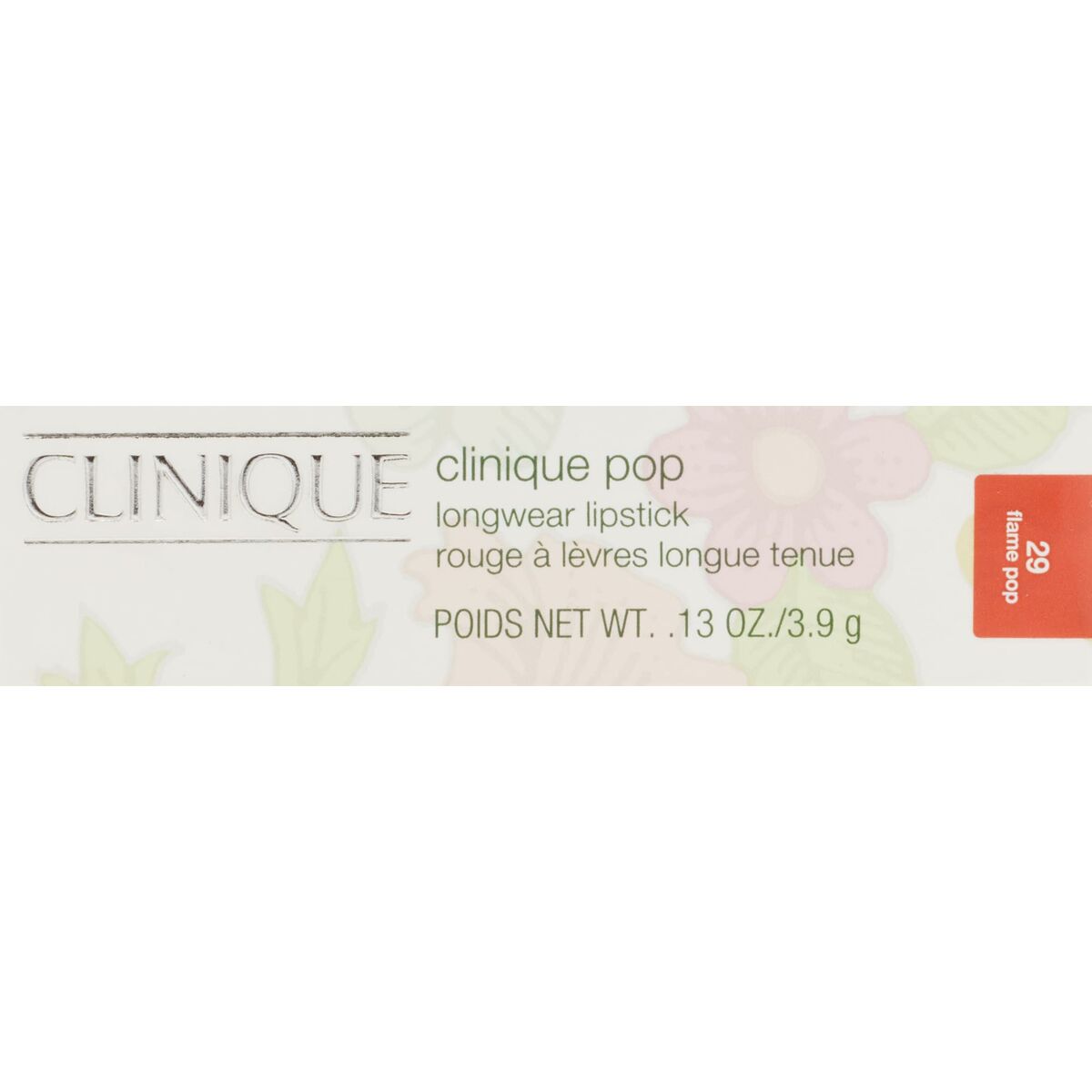Rouge à lèvres Clinique POP LONGWEAR en emballage, 3,9 g, couleur orange, idéal pour un look séduisant et durable.