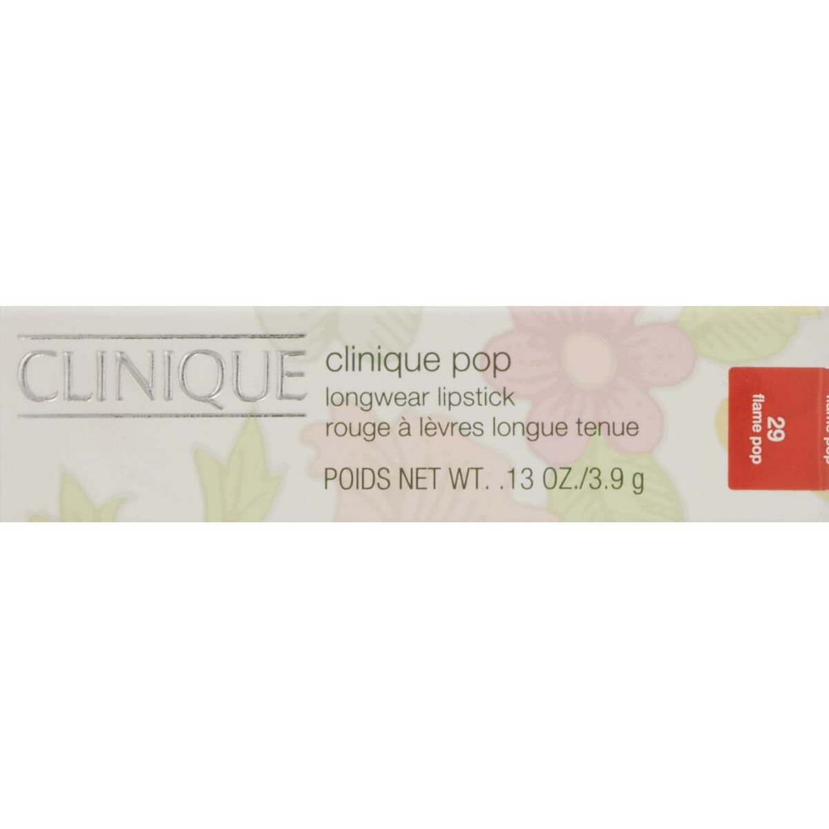 Rouge à lèvres Clinique POP LONGWEAR Orange 3,9 g avec un design floral sur l'emballage.
