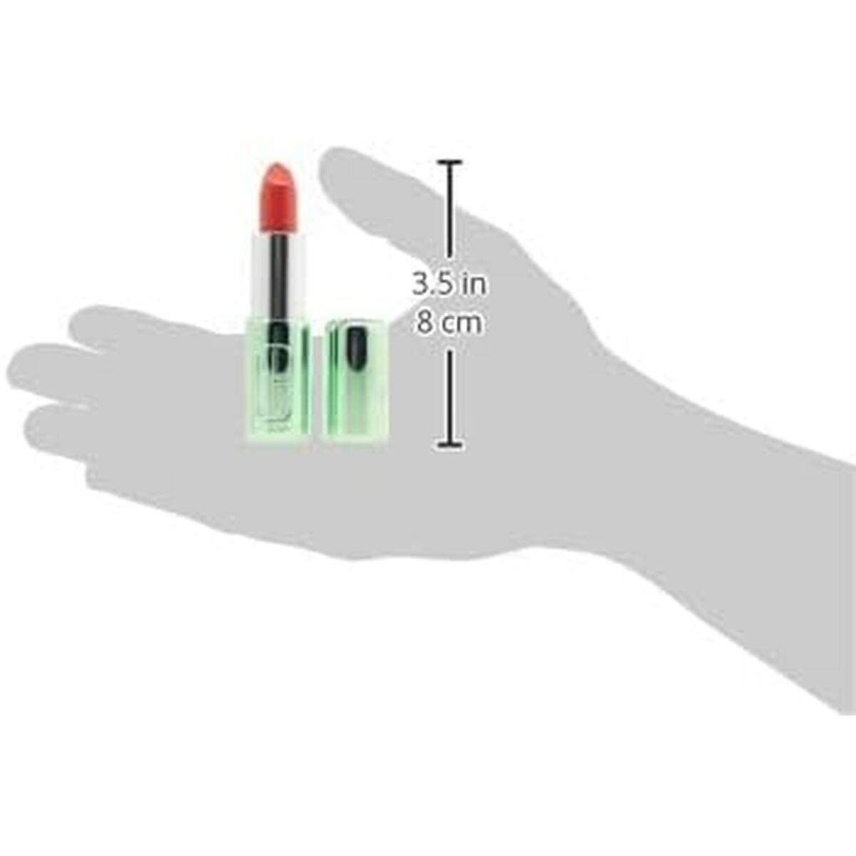 Rouge à lèvres Clinique POP LONGWEAR Orange présenté dans une main, dimension 3,5 in (8 cm) pour évaluer sa taille.
