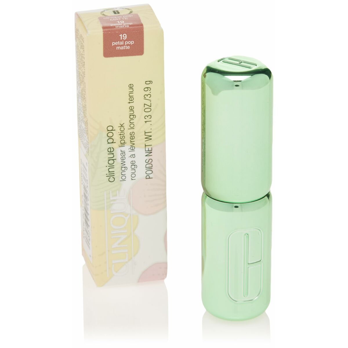 Rouge à lèvres Clinique Pop Longwear en teinte Petal Pop, emballage vert clair, 3,9 g, sans parfum, unisexe.