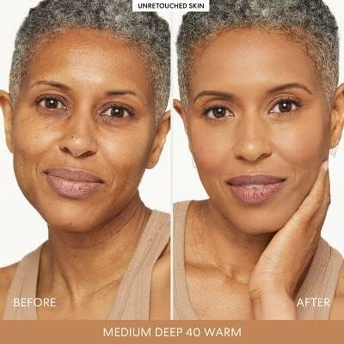 Before and after photo showing the effects of bareMinerals Barepro Nº 40-Warm foundation on medium deep skin.