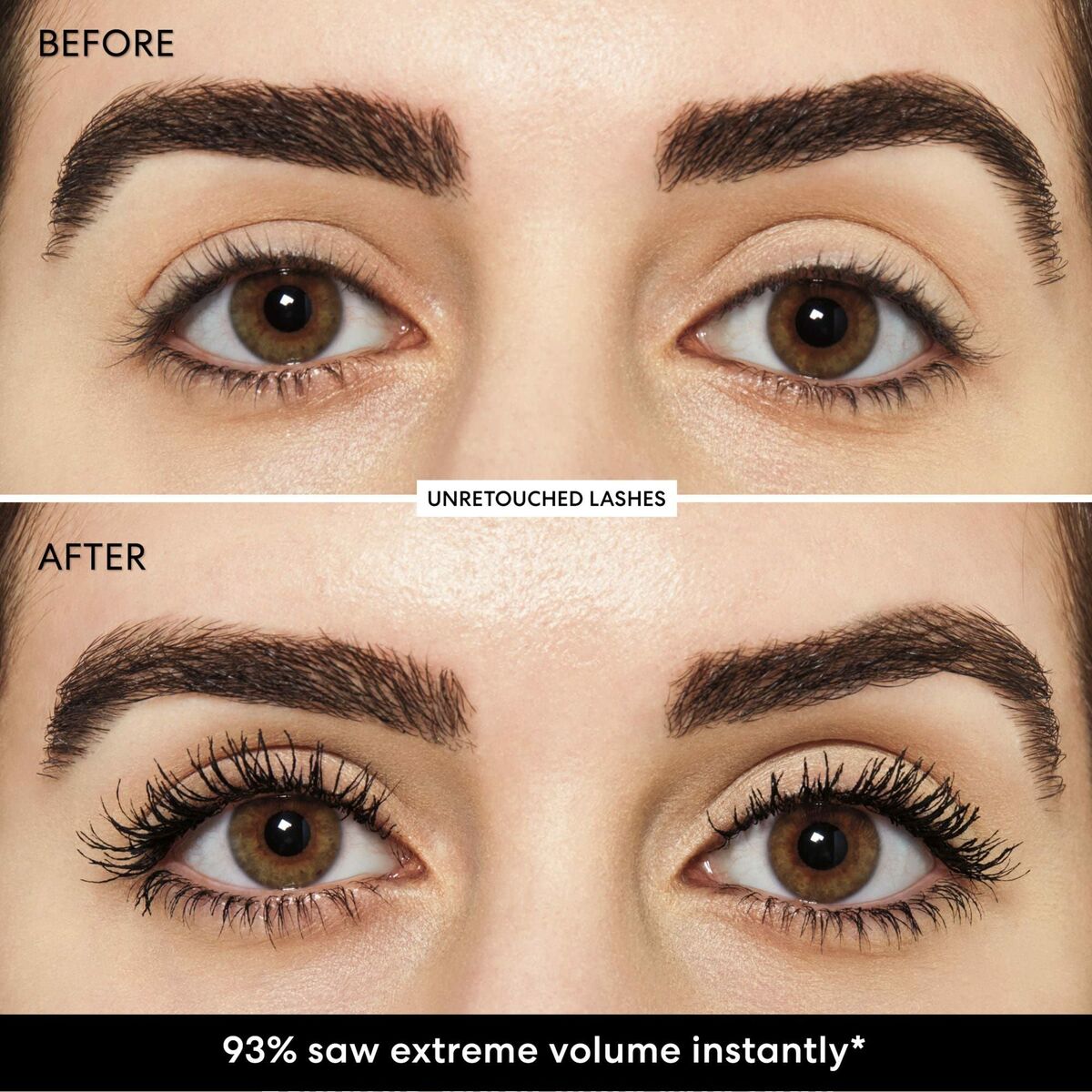Before and after image of eyelashes showcasing extreme volume with bareMinerals Maximist Volumizing Fiber.