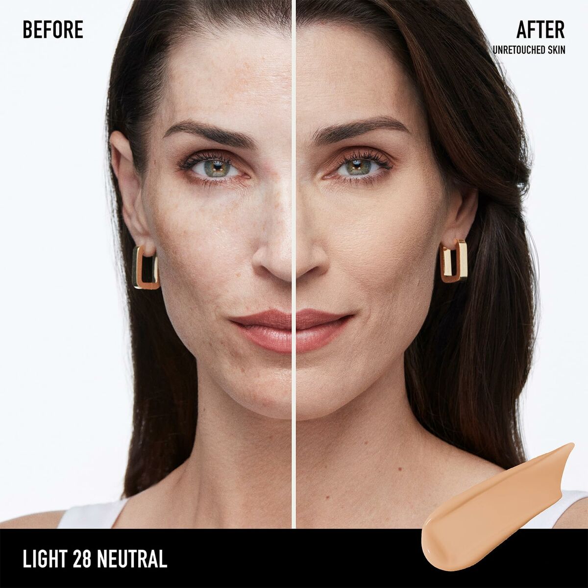 Comparative image showing bareMinerals BAREPRO makeup results on skin, highlighting 'before' and 'after' appearance.