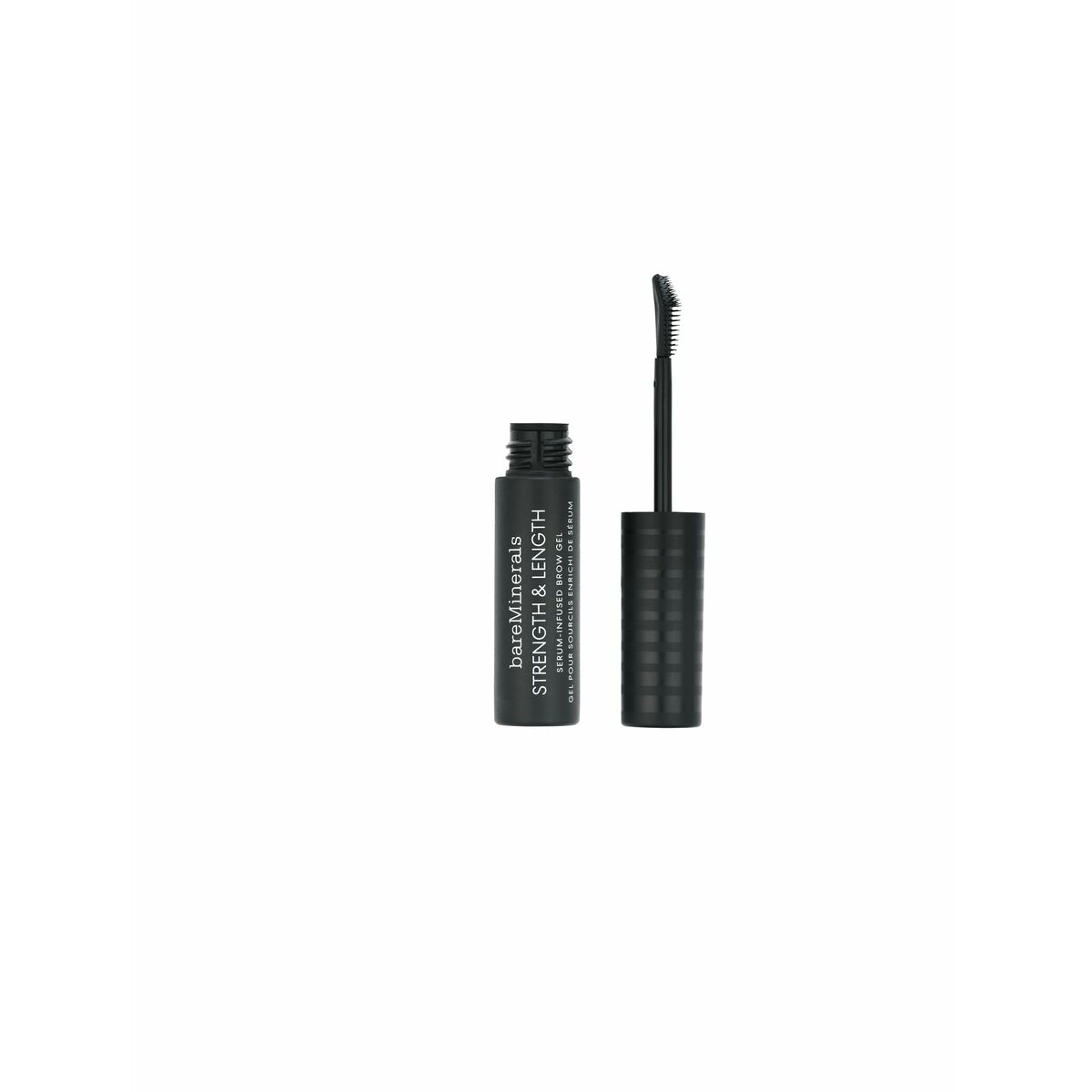 bareMinerals Strength Length eyebrow gel in Chesnut 5 ml, vegan, non-comedogenic, black packaging with brush applicator.