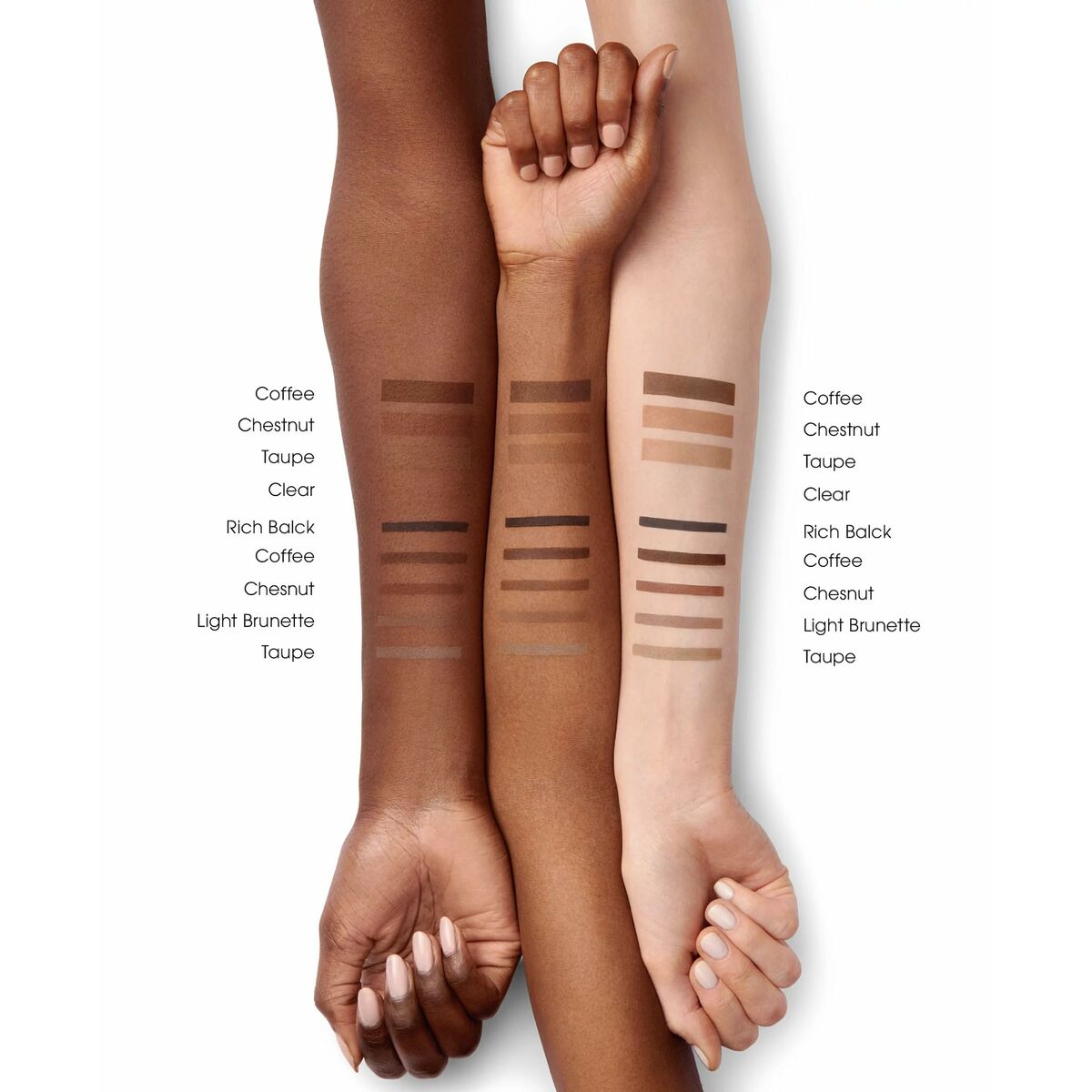 Swatches of bareMinerals eyebrow gel shades on diverse skin tones, including Coffee, Chestnut, and Taupe.