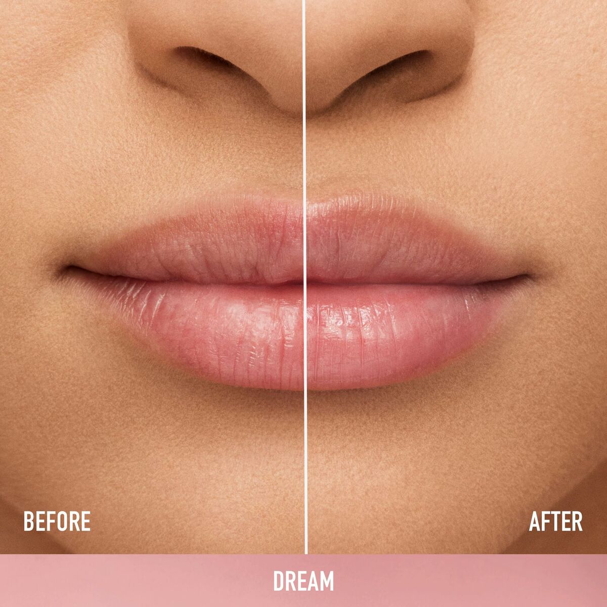 Comparison of lips before and after applying bareMinerals DEWY LIP dream lipstick for enhanced beauty and hydration.