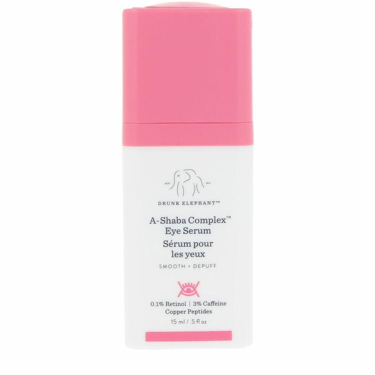 Drunk Elephant A-Shaba Complex Eye Serum 15 ml in a sleek bottle with pink lid for smooth and depuffed eyes.