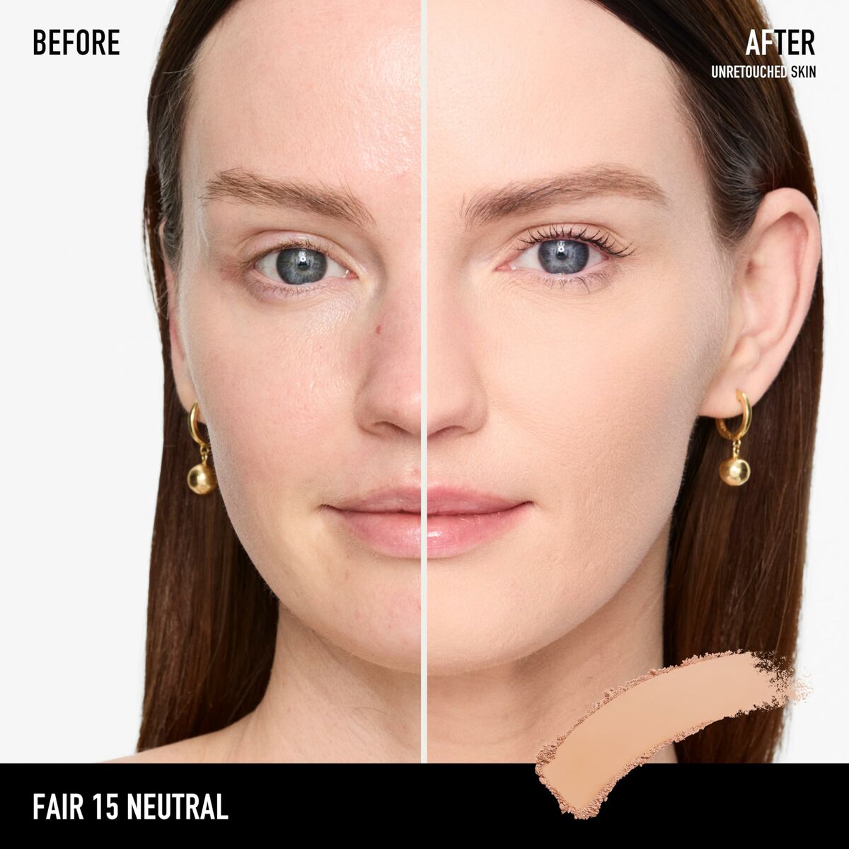 Before and after makeup transformation using bareMinerals BAREPRO foundation, showcasing flawless skin.
