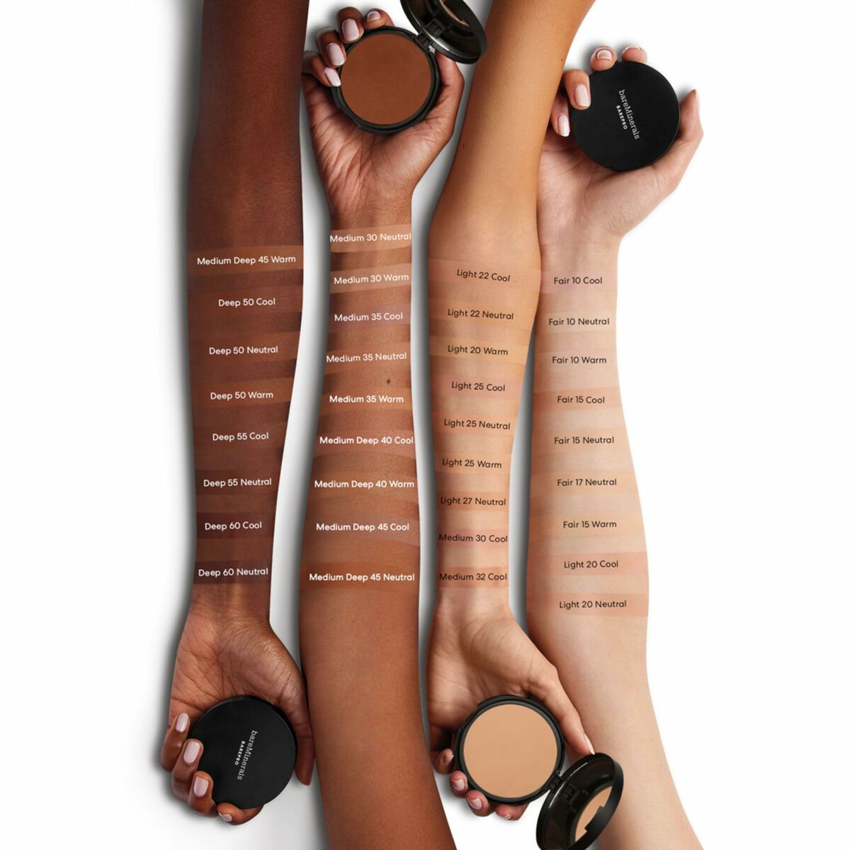 Swatches of bareMinerals BAREPRO powder shades on diverse skin tones, showcasing foundation range and labels.