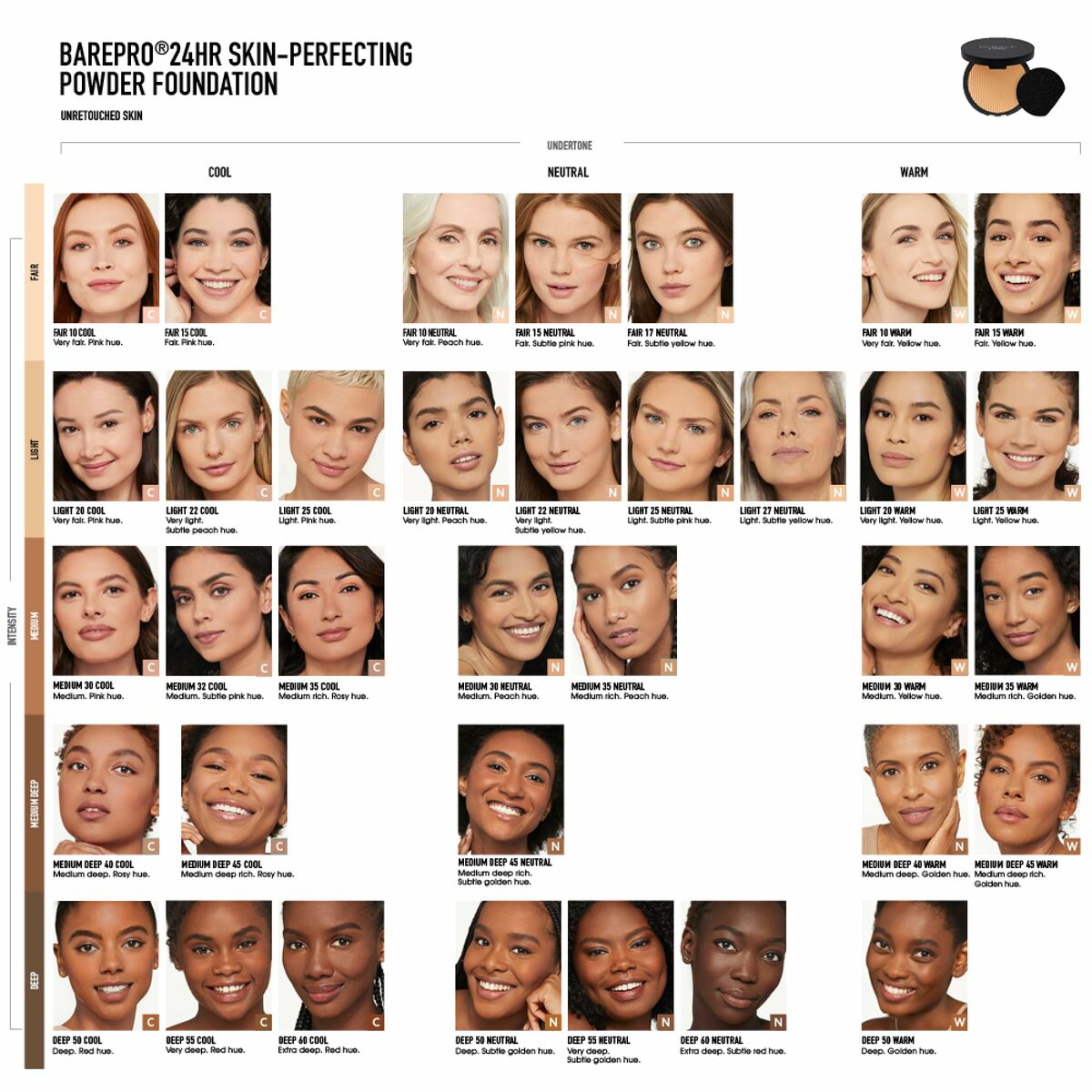 Palette of bareMinerals BAREPRO 24HR powder foundation shades, showcasing diverse skin tones and undertones.