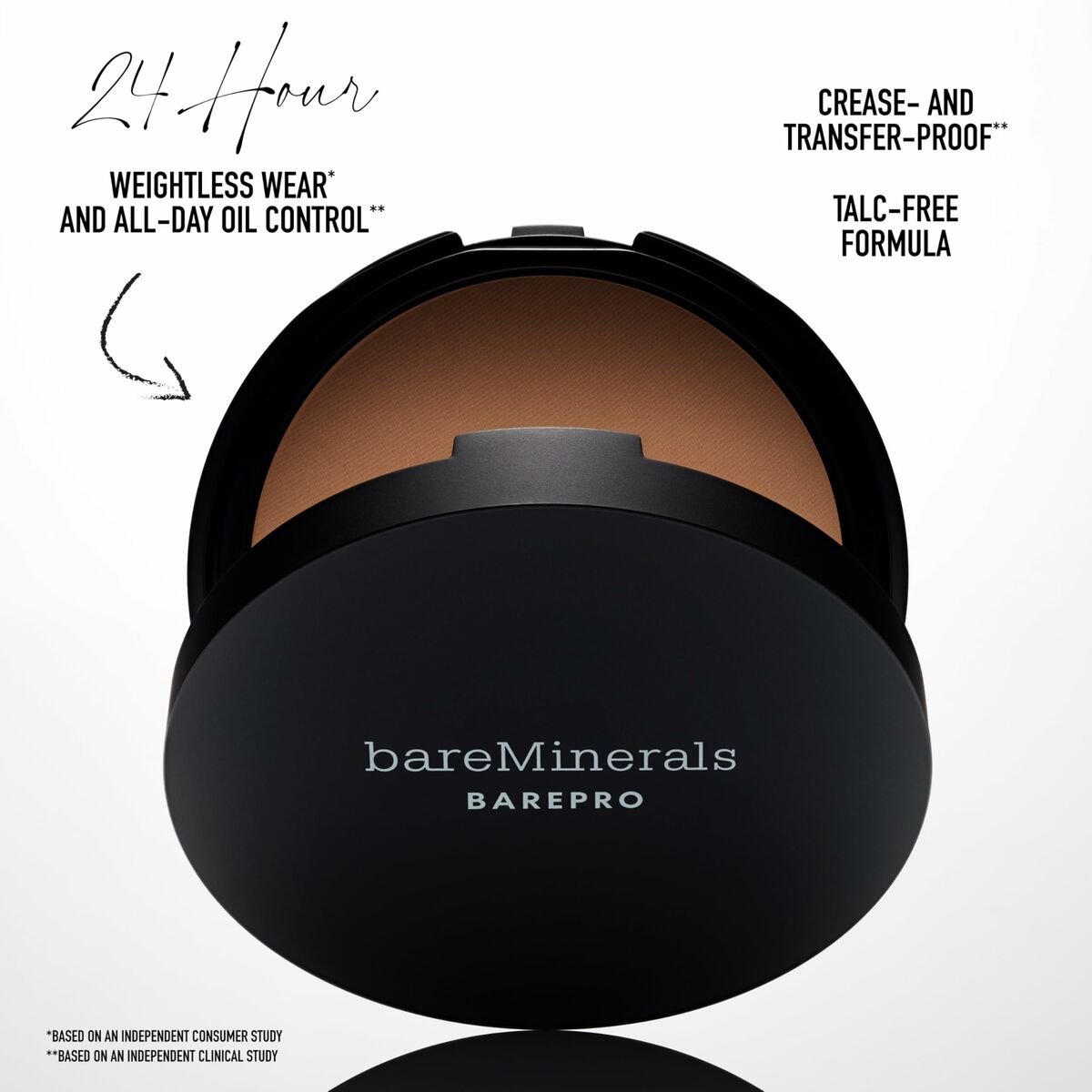 bareMinerals BAREPRO makeup set showing a compact with 24-hour oil control and talc-free formula.