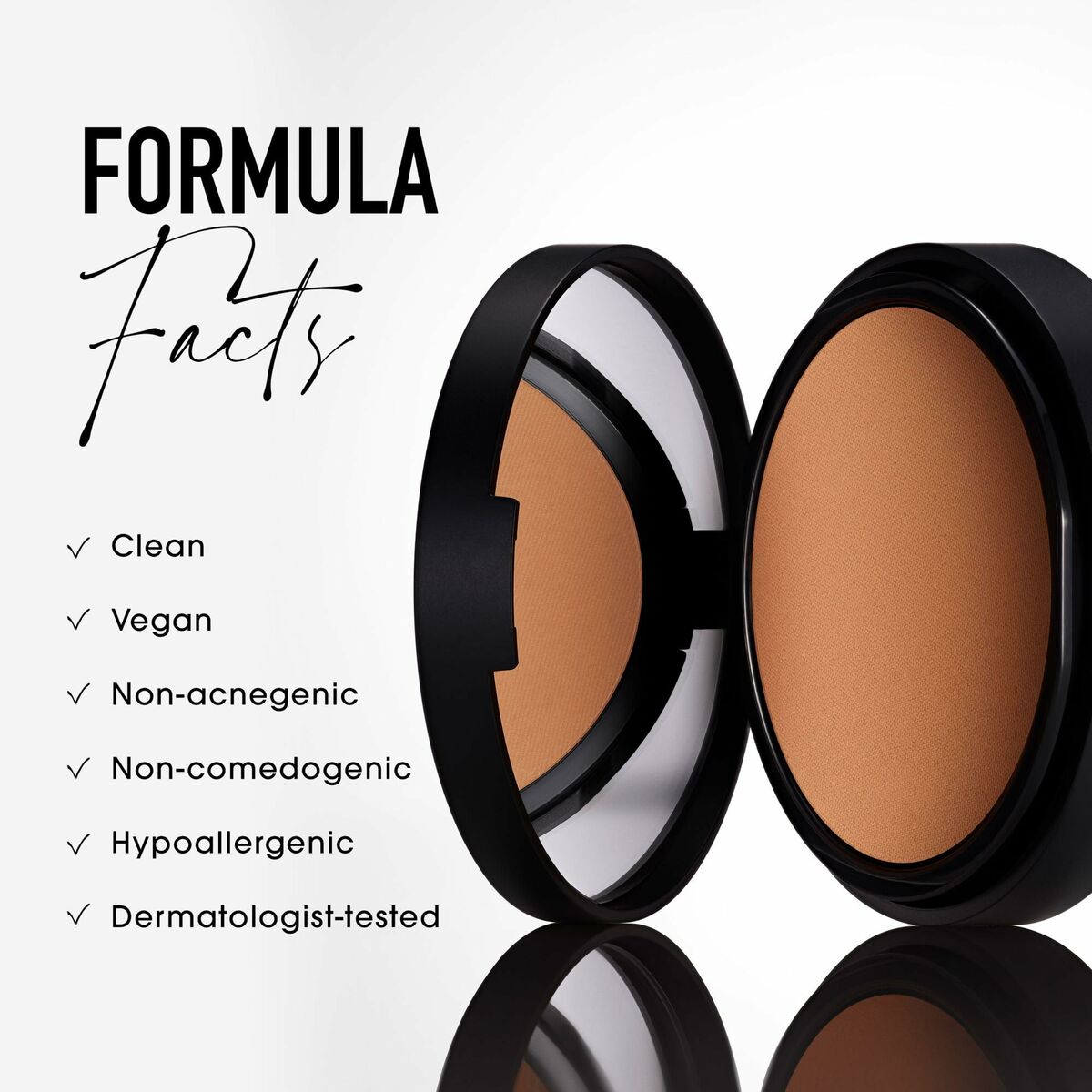 Open compact showcasing bareMinerals BAREPRO powder with formula facts: vegan, hypoallergenic, clean, and dermatologist-tested.