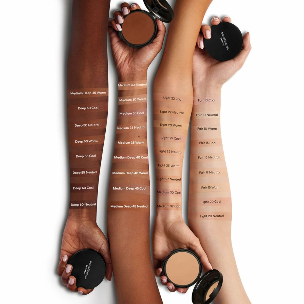 Diverse skin tones showcasing bareMinerals BAREPRO shades with product containers in hand, highlighting foundation range options.