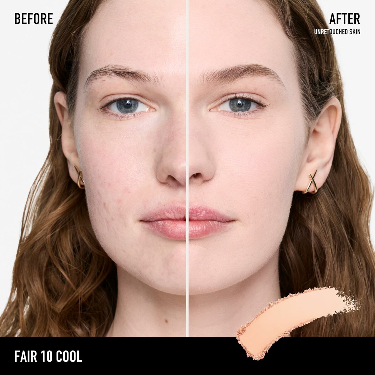 Avant et après l'application du maquillage bareMinerals BAREPRO Fair 10 Cool sur peau non retouchée.