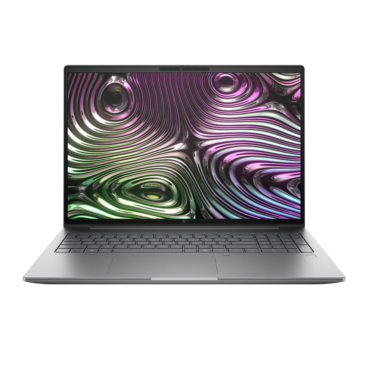 HP laptop with colorful abstract screen design, demonstrating modern technology and sleek design.