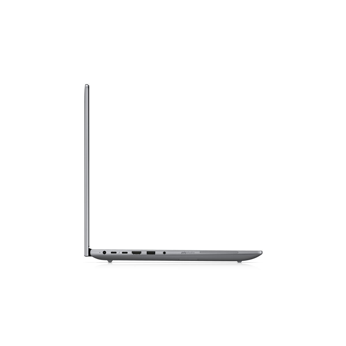 Side view of a sleek silver laptop showcasing its slim profile and ports.