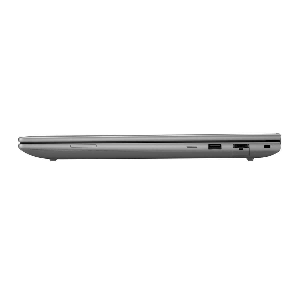 Side view of a sleek silver laptop, showcasing USB ports and a slim profile, ideal for modern computing needs.