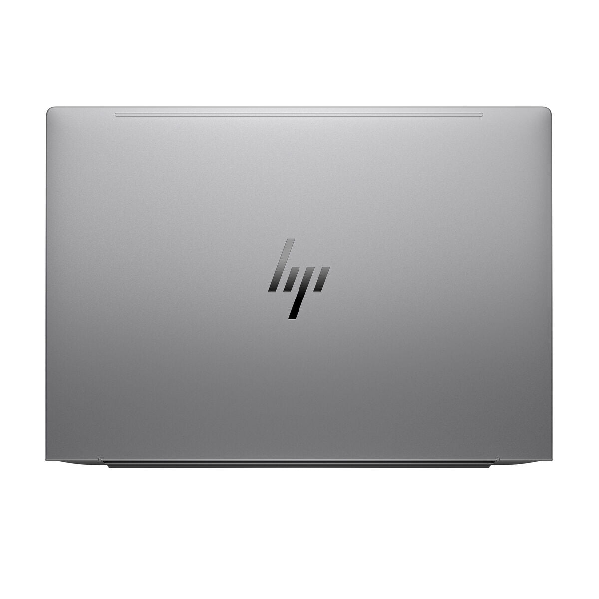 HP laptop with sleek silver design and logo on top view, showcasing modern tech aesthetics.