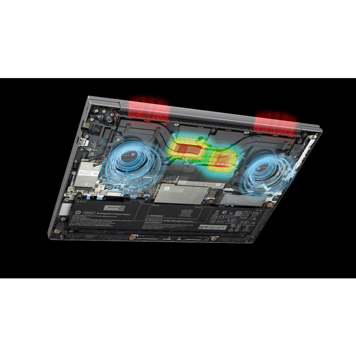 Internal view of a laptop showcasing cooling system and airflow design for optimal performance.