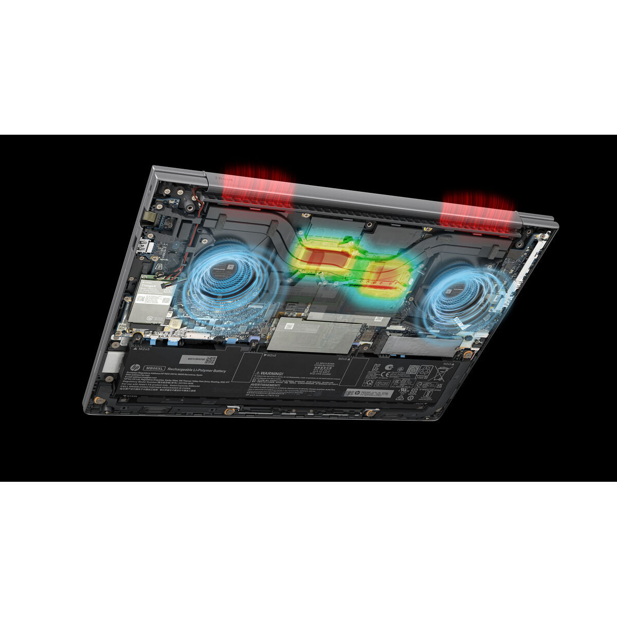 Internal cooling system of the HP B72XCET#ABE laptop, showcasing fans and thermal design for optimal performance.