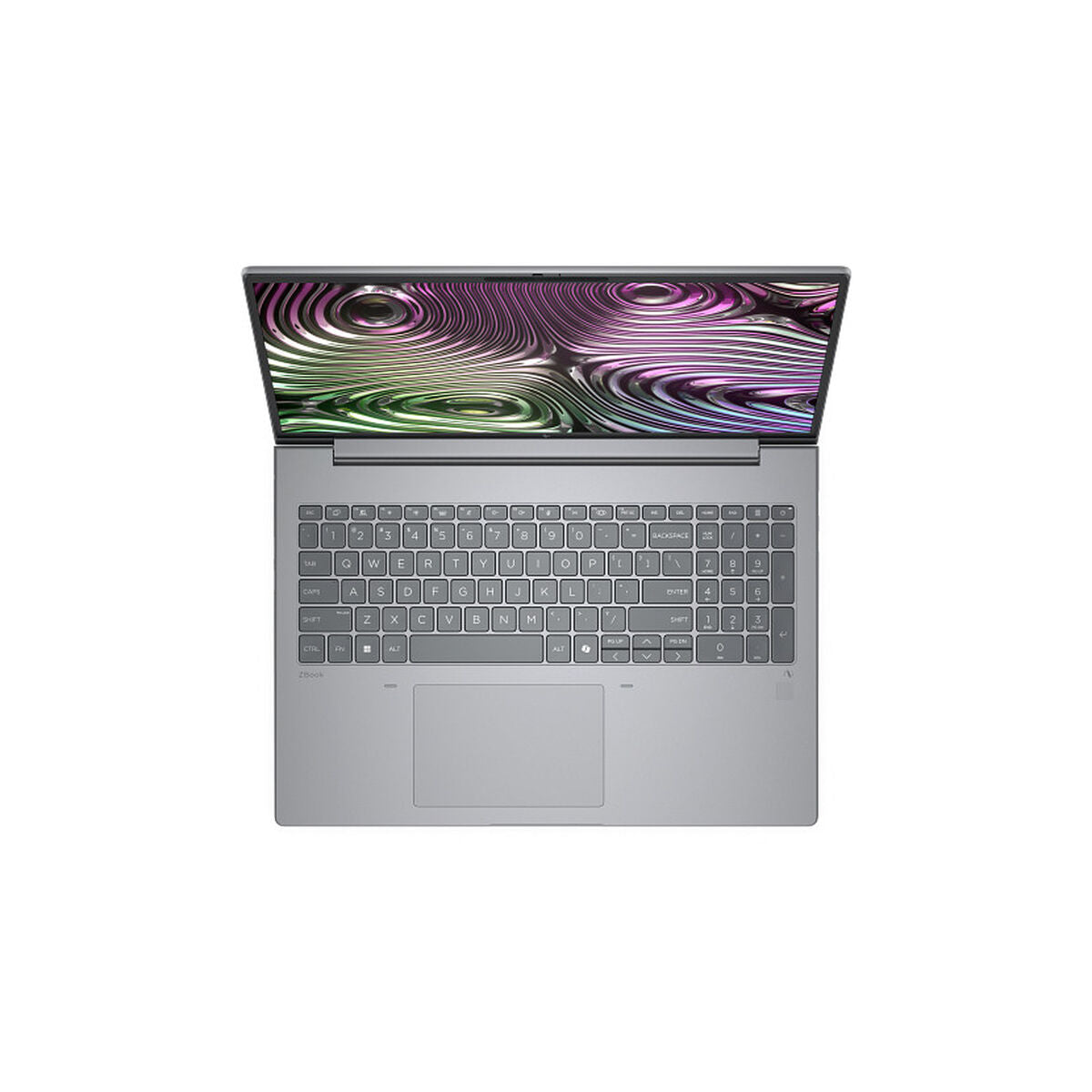 Poudres Compactes HP B72XCET#ABE top view with colorful screen and backlit keyboard.