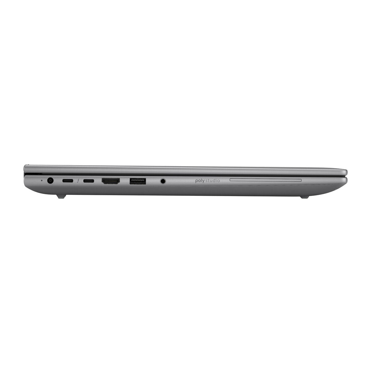 Profile view of a sleek, silver laptop showcasing ports and connectivity options.