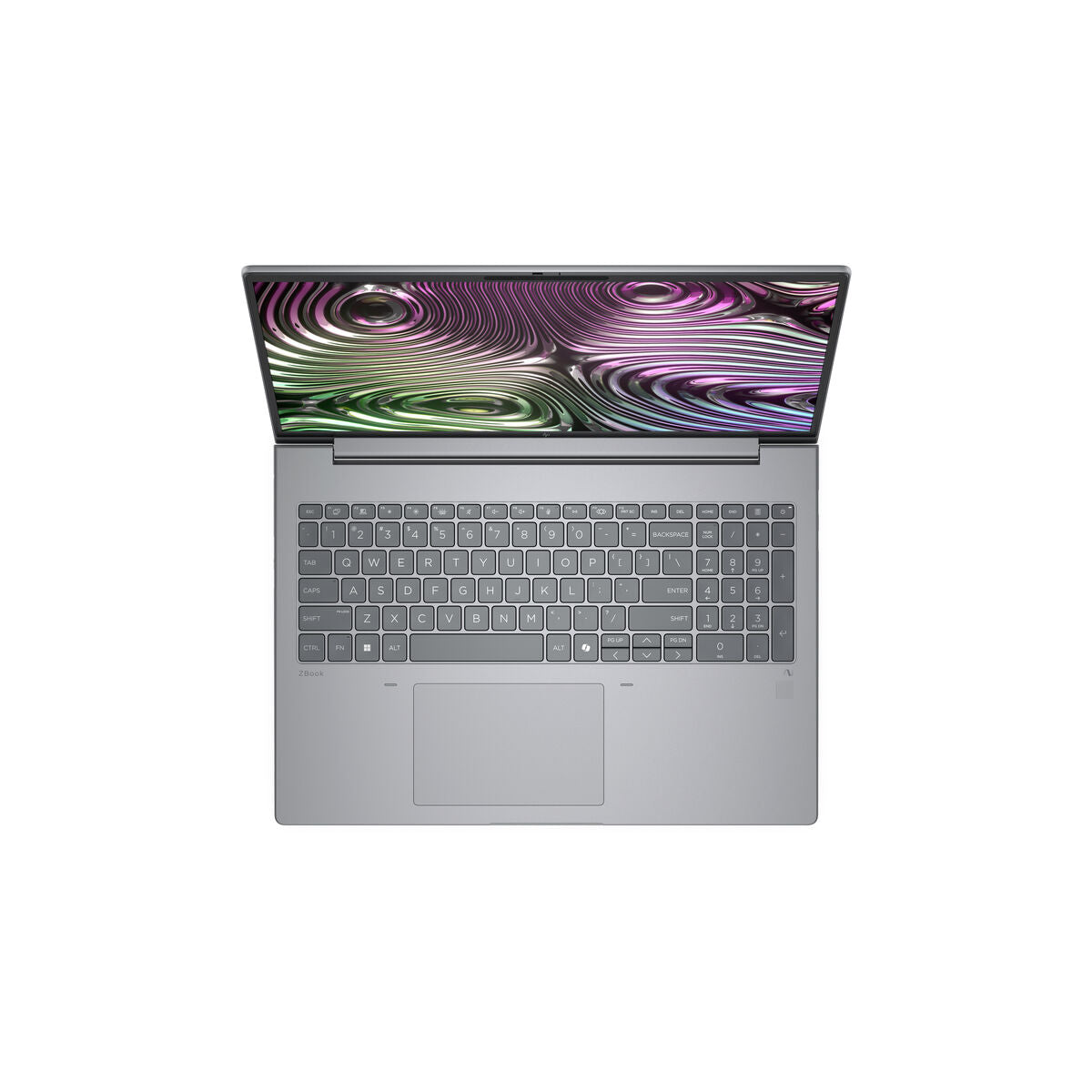 Top view of a modern laptop with a colorful swirling background and a sleek gray keyboard.